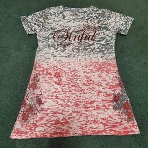 Sinful red and gray shirt.